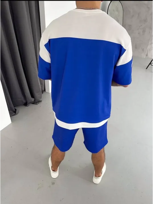 Erkek Şortlu Takım – Oversize İki İplik Kumaş, Ön & Arka Dijital Baskılı Tişört ve Lastikli Cepli Şort, Yazlık Günlük Spor Set - Mavi