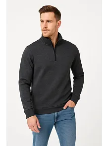 Erkek Dik Yaka Sweatshirt Dik Yaka Yarım Fermuarlı 3 İplik Şardonlu Pamuk Kumaş - Antrasit