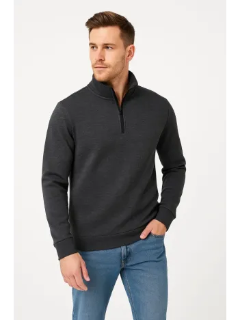Erkek Dik Yaka Sweatshirt Dik Yaka Yarım Fermuarlı 3 İplik Şardonlu Pamuk Kumaş - Antrasit Erkek Dik Yaka Sweatshirt Dik Yaka Yarım Fermuarlı 3 İplik Şardonlu Pamuk Kumaş - Antrasit