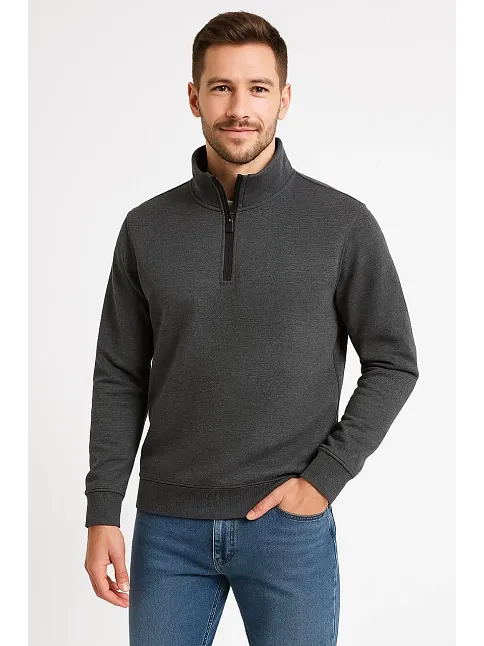 Erkek Dik Yaka Sweatshirt Dik Yaka Yarım Fermuarlı 3 İplik Şardonlu Pamuk Kumaş - Antrasit