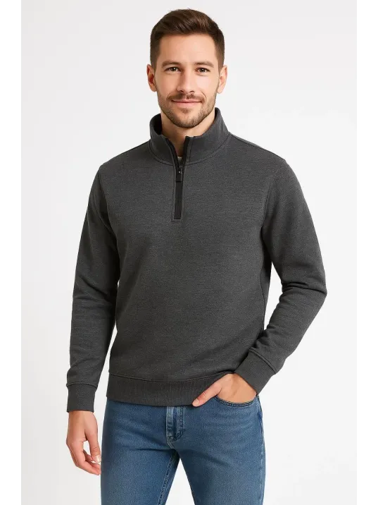 Erkek Dik Yaka Sweatshirt Dik Yaka Yarım Fermuarlı 3 İplik Şardonlu Pamuk Kumaş - Antrasit Erkek Dik Yaka Sweatshirt Dik Yaka Yarım Fermuarlı 3 İplik Şardonlu Pamuk Kumaş - Antrasit