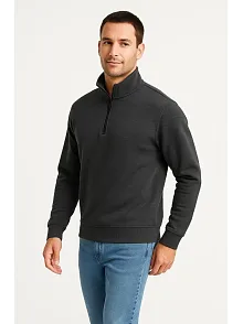 Erkek Dik Yaka Sweatshirt Dik Yaka Yarım Fermuarlı 3 İplik Şardonlu Pamuk Kumaş - Antrasit