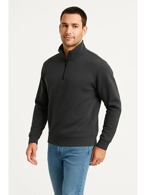 Erkek Dik Yaka Sweatshirt Dik Yaka Yarım Fermuarlı 3 İplik Şardonlu Pamuk Kumaş - Antrasit