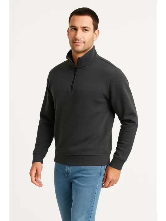 Erkek Dik Yaka Sweatshirt Dik Yaka Yarım Fermuarlı 3 İplik Şardonlu Pamuk Kumaş - Antrasit Erkek Dik Yaka Sweatshirt Dik Yaka Yarım Fermuarlı 3 İplik Şardonlu Pamuk Kumaş - Antrasit