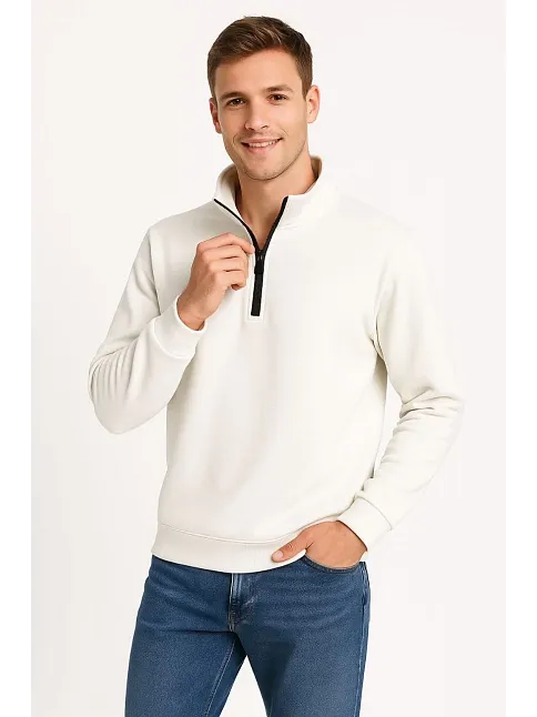 Erkek Dik Yaka Sweatshirt Dik Yaka Yarım Fermuarlı 3 İplik Şardonlu Pamuk Kumaş - Beyaz