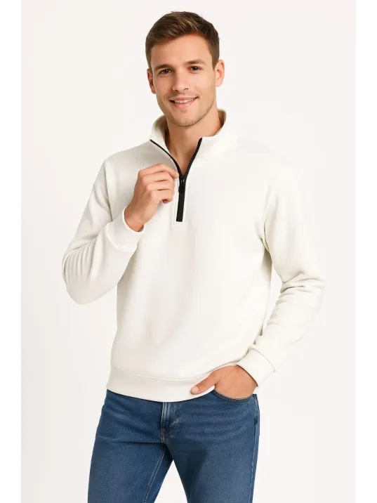 Erkek Dik Yaka Sweatshirt Dik Yaka Yarım Fermuarlı 3 İplik Şardonlu Pamuk Kumaş - Beyaz