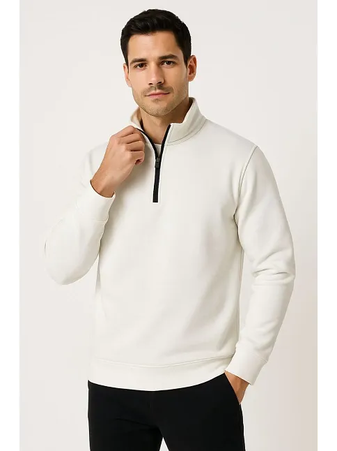 Erkek Dik Yaka Sweatshirt Dik Yaka Yarım Fermuarlı 3 İplik Şardonlu Pamuk Kumaş - Beyaz