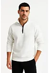 Erkek Dik Yaka Sweatshirt Dik Yaka Yarım Fermuarlı 3 İplik Şardonlu Pamuk Kumaş - Beyaz