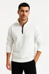 Erkek Dik Yaka Sweatshirt Dik Yaka Yarım Fermuarlı 3 İplik Şardonlu Pamuk Kumaş - Beyaz