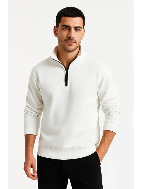Erkek Dik Yaka Sweatshirt Dik Yaka Yarım Fermuarlı 3 İplik Şardonlu Pamuk Kumaş - Beyaz