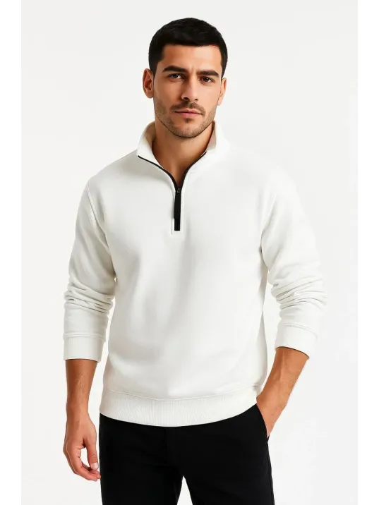 Erkek Dik Yaka Sweatshirt Dik Yaka Yarım Fermuarlı 3 İplik Şardonlu Pamuk Kumaş - Beyaz