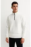 Erkek Dik Yaka Sweatshirt Dik Yaka Yarım Fermuarlı 3 İplik Şardonlu Pamuk Kumaş - Beyaz