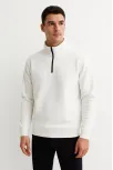 Erkek Dik Yaka Sweatshirt Dik Yaka Yarım Fermuarlı 3 İplik Şardonlu Pamuk Kumaş - Beyaz