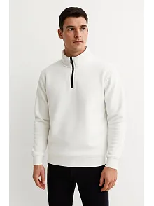 Erkek Dik Yaka Sweatshirt Dik Yaka Yarım Fermuarlı 3 İplik Şardonlu Pamuk Kumaş - Beyaz