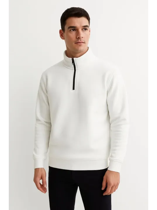 Erkek Dik Yaka Sweatshirt Dik Yaka Yarım Fermuarlı 3 İplik Şardonlu Pamuk Kumaş - Beyaz Erkek Dik Yaka Sweatshirt Dik Yaka Yarım Fermuarlı 3 İplik Şardonlu Pamuk Kumaş - Beyaz