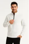 Erkek Dik Yaka Sweatshirt Dik Yaka Yarım Fermuarlı 3 İplik Şardonlu Pamuk Kumaş - Beyaz
