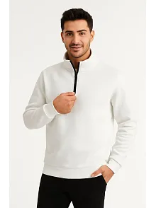Erkek Dik Yaka Sweatshirt Dik Yaka Yarım Fermuarlı 3 İplik Şardonlu Pamuk Kumaş - Beyaz
