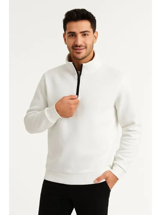 Erkek Dik Yaka Sweatshirt Dik Yaka Yarım Fermuarlı 3 İplik Şardonlu Pamuk Kumaş - Beyaz