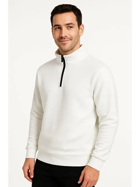 Erkek Dik Yaka Sweatshirt Dik Yaka Yarım Fermuarlı 3 İplik Şardonlu Pamuk Kumaş - Beyaz