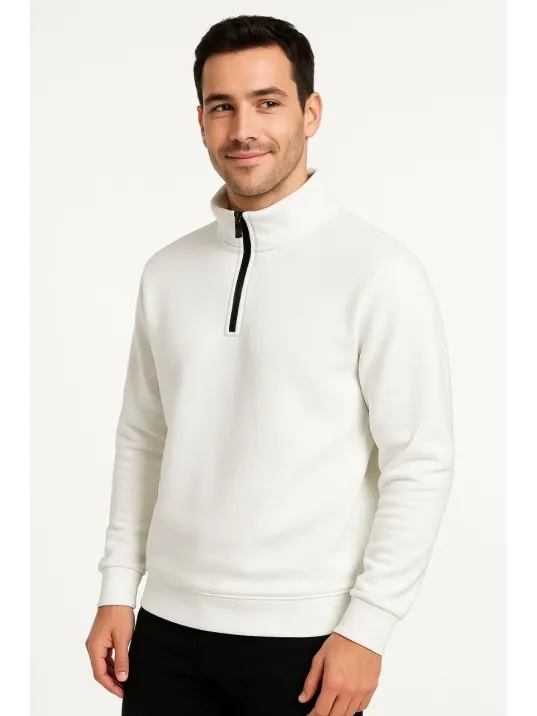 Erkek Dik Yaka Sweatshirt Dik Yaka Yarım Fermuarlı 3 İplik Şardonlu Pamuk Kumaş - Beyaz