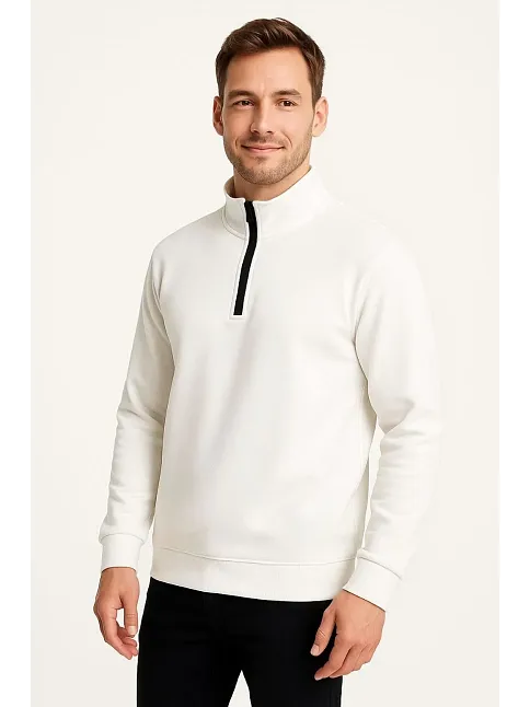 Erkek Dik Yaka Sweatshirt Dik Yaka Yarım Fermuarlı 3 İplik Şardonlu Pamuk Kumaş - Beyaz
