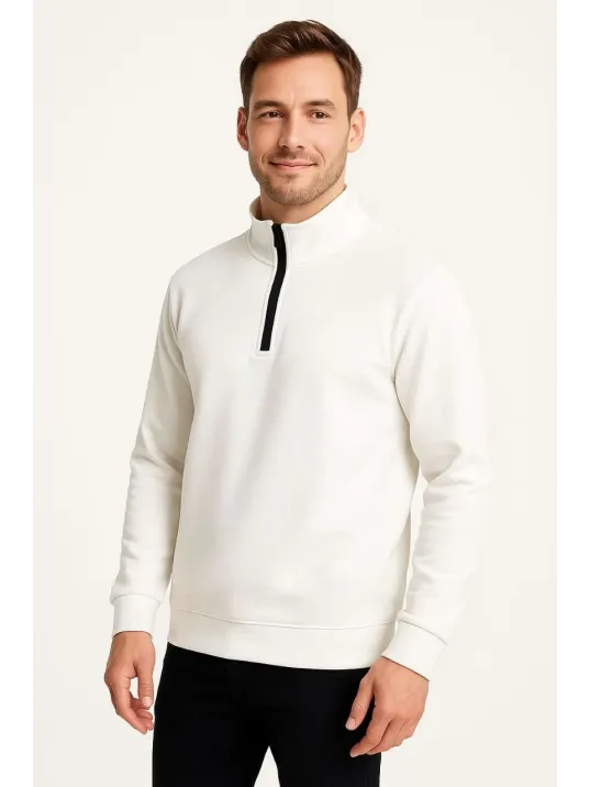 Erkek Dik Yaka Sweatshirt Dik Yaka Yarım Fermuarlı 3 İplik Şardonlu Pamuk Kumaş - Beyaz