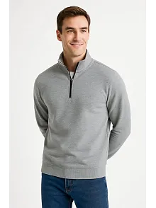 Erkek Dik Yaka Sweatshirt Dik Yaka Yarım Fermuarlı 3 İplik Şardonlu Pamuk Kumaş - Gri