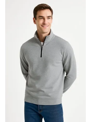 Erkek Dik Yaka Sweatshirt Dik Yaka Yarım Fermuarlı 3 İplik Şardonlu Pamuk Kumaş - Gri Erkek Dik Yaka Sweatshirt Dik Yaka Yarım Fermuarlı 3 İplik Şardonlu Pamuk Kumaş - Gri
