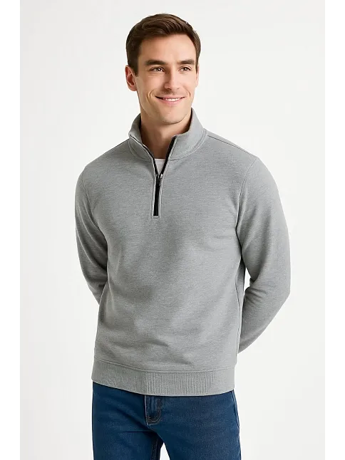 Erkek Dik Yaka Sweatshirt Dik Yaka Yarım Fermuarlı 3 İplik Şardonlu Pamuk Kumaş - Gri