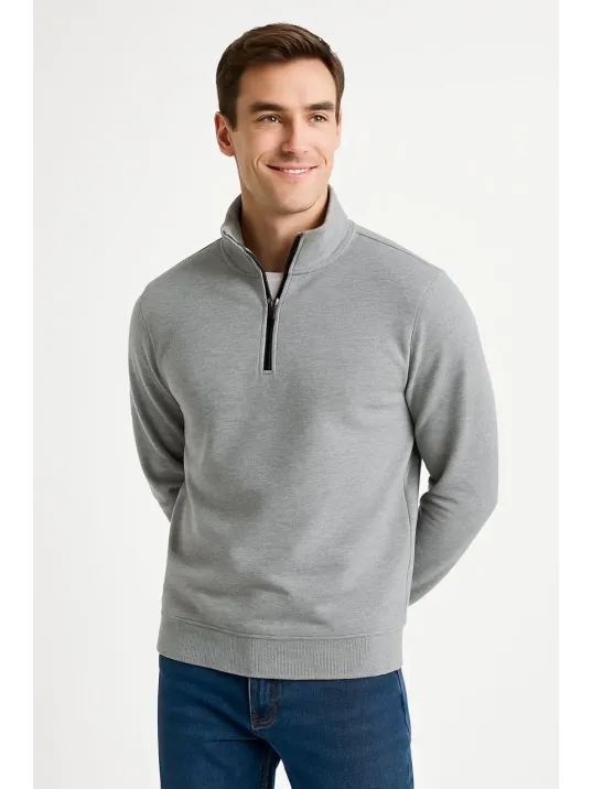 Erkek Dik Yaka Sweatshirt Dik Yaka Yarım Fermuarlı 3 İplik Şardonlu Pamuk Kumaş - Gri Erkek Dik Yaka Sweatshirt Dik Yaka Yarım Fermuarlı 3 İplik Şardonlu Pamuk Kumaş - Gri