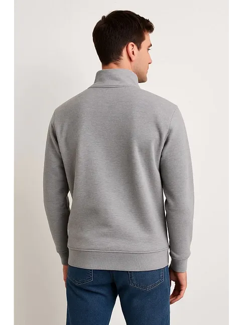 Erkek Dik Yaka Sweatshirt Dik Yaka Yarım Fermuarlı 3 İplik Şardonlu Pamuk Kumaş - Gri