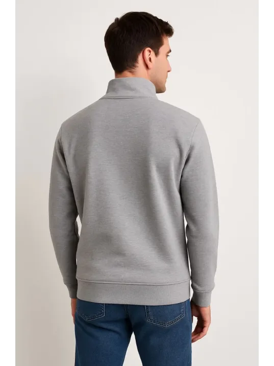 Erkek Dik Yaka Sweatshirt Dik Yaka Yarım Fermuarlı 3 İplik Şardonlu Pamuk Kumaş - Gri Erkek Dik Yaka Sweatshirt Dik Yaka Yarım Fermuarlı 3 İplik Şardonlu Pamuk Kumaş - Gri