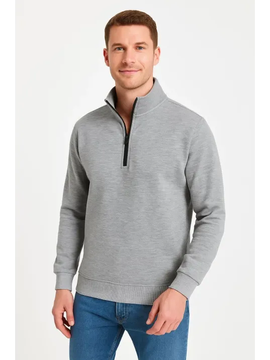 Erkek Dik Yaka Sweatshirt Dik Yaka Yarım Fermuarlı 3 İplik Şardonlu Pamuk Kumaş - Gri Erkek Dik Yaka Sweatshirt Dik Yaka Yarım Fermuarlı 3 İplik Şardonlu Pamuk Kumaş - Gri