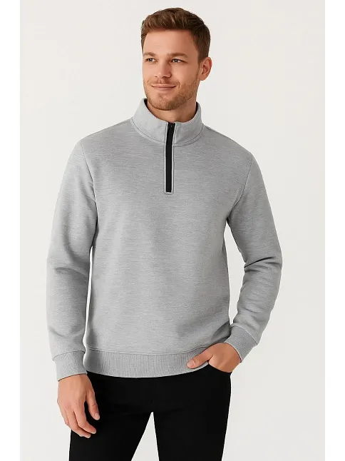 Erkek Dik Yaka Sweatshirt Dik Yaka Yarım Fermuarlı 3 İplik Şardonlu Pamuk Kumaş - Gri