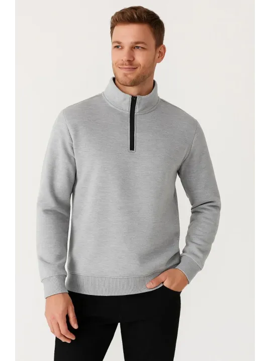 Erkek Dik Yaka Sweatshirt Dik Yaka Yarım Fermuarlı 3 İplik Şardonlu Pamuk Kumaş - Gri Erkek Dik Yaka Sweatshirt Dik Yaka Yarım Fermuarlı 3 İplik Şardonlu Pamuk Kumaş - Gri