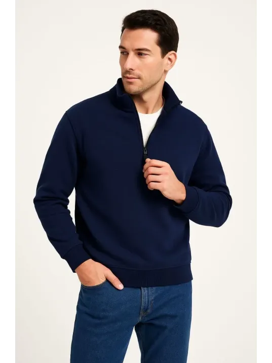 Erkek Dik Yaka Sweatshirt Dik Yaka Yarım Fermuarlı 3 İplik Şardonlu Pamuk Kumaş - Lacivert Erkek Dik Yaka Sweatshirt Dik Yaka Yarım Fermuarlı 3 İplik Şardonlu Pamuk Kumaş - Lacivert