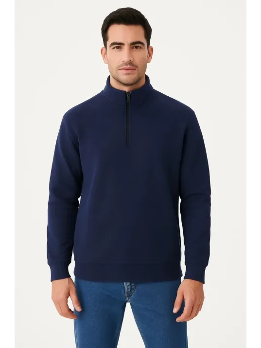 Erkek Dik Yaka Sweatshirt Dik Yaka Yarım Fermuarlı 3 İplik Şardonlu Pamuk Kumaş - Lacivert Erkek Dik Yaka Sweatshirt Dik Yaka Yarım Fermuarlı 3 İplik Şardonlu Pamuk Kumaş - Lacivert