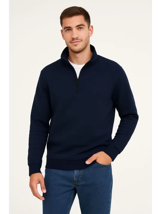 Erkek Dik Yaka Sweatshirt Dik Yaka Yarım Fermuarlı 3 İplik Şardonlu Pamuk Kumaş - Lacivert Erkek Dik Yaka Sweatshirt Dik Yaka Yarım Fermuarlı 3 İplik Şardonlu Pamuk Kumaş - Lacivert