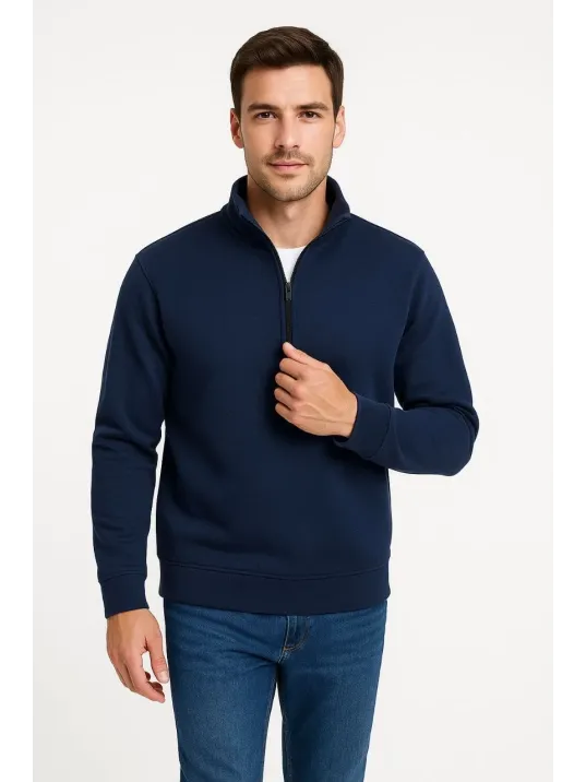 Erkek Dik Yaka Sweatshirt Dik Yaka Yarım Fermuarlı 3 İplik Şardonlu Pamuk Kumaş - Lacivert Erkek Dik Yaka Sweatshirt Dik Yaka Yarım Fermuarlı 3 İplik Şardonlu Pamuk Kumaş - Lacivert
