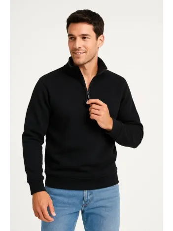 Erkek Dik Yaka Sweatshirt Dik Yaka Yarım Fermuarlı 3 İplik Şardonlu Pamuk Kumaş - Siyah Erkek Dik Yaka Sweatshirt Dik Yaka Yarım Fermuarlı 3 İplik Şardonlu Pamuk Kumaş - Siyah