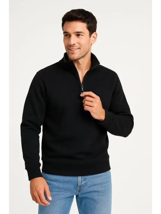 Erkek Dik Yaka Sweatshirt Dik Yaka Yarım Fermuarlı 3 İplik Şardonlu Pamuk Kumaş - Siyah Erkek Dik Yaka Sweatshirt Dik Yaka Yarım Fermuarlı 3 İplik Şardonlu Pamuk Kumaş - Siyah