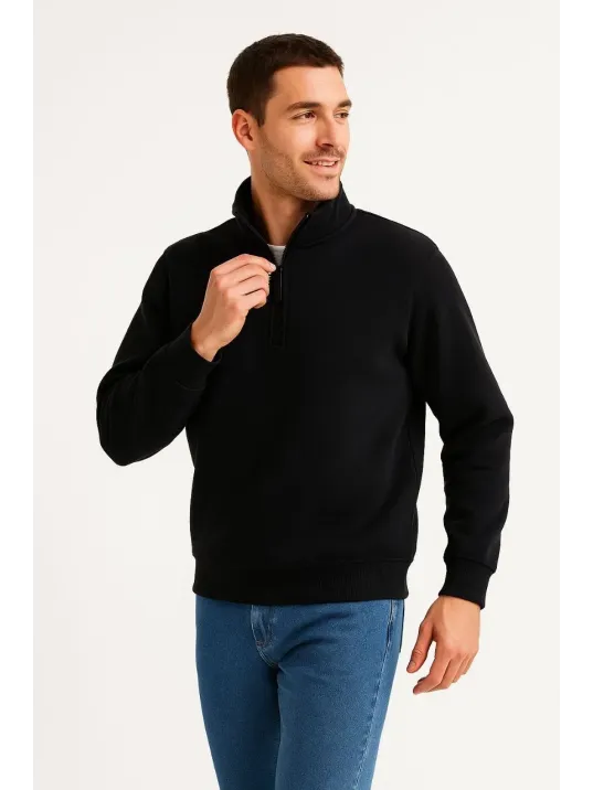 Erkek Dik Yaka Sweatshirt Dik Yaka Yarım Fermuarlı 3 İplik Şardonlu Pamuk Kumaş - Siyah Erkek Dik Yaka Sweatshirt Dik Yaka Yarım Fermuarlı 3 İplik Şardonlu Pamuk Kumaş - Siyah