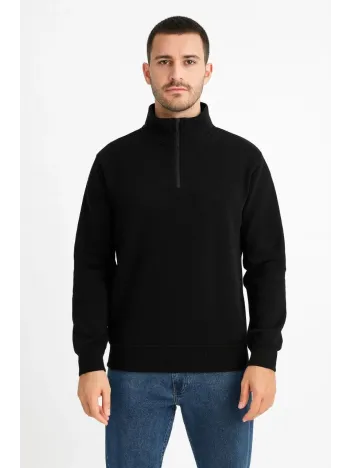 Erkek Dik Yaka Sweatshirt Dik Yaka Yarım Fermuarlı 3 İplik Şardonlu Pamuk Kumaş - Siyah Erkek Dik Yaka Sweatshirt Dik Yaka Yarım Fermuarlı 3 İplik Şardonlu Pamuk Kumaş - Siyah
