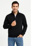Erkek Dik Yaka Sweatshirt Dik Yaka Yarım Fermuarlı 3 İplik Şardonlu Pamuk Kumaş - Siyah