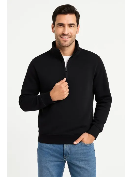 Erkek Dik Yaka Sweatshirt Dik Yaka Yarım Fermuarlı 3 İplik Şardonlu Pamuk Kumaş - Siyah Erkek Dik Yaka Sweatshirt Dik Yaka Yarım Fermuarlı 3 İplik Şardonlu Pamuk Kumaş - Siyah