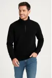 Erkek Dik Yaka Sweatshirt Dik Yaka Yarım Fermuarlı 3 İplik Şardonlu Pamuk Kumaş - Siyah