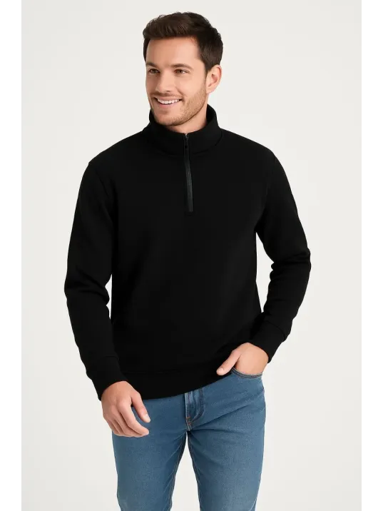 Erkek Dik Yaka Sweatshirt Dik Yaka Yarım Fermuarlı 3 İplik Şardonlu Pamuk Kumaş - Siyah Erkek Dik Yaka Sweatshirt Dik Yaka Yarım Fermuarlı 3 İplik Şardonlu Pamuk Kumaş - Siyah