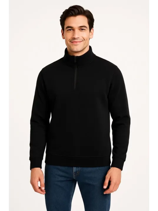 Erkek Dik Yaka Sweatshirt Dik Yaka Yarım Fermuarlı 3 İplik Şardonlu Pamuk Kumaş - Siyah Erkek Dik Yaka Sweatshirt Dik Yaka Yarım Fermuarlı 3 İplik Şardonlu Pamuk Kumaş - Siyah
