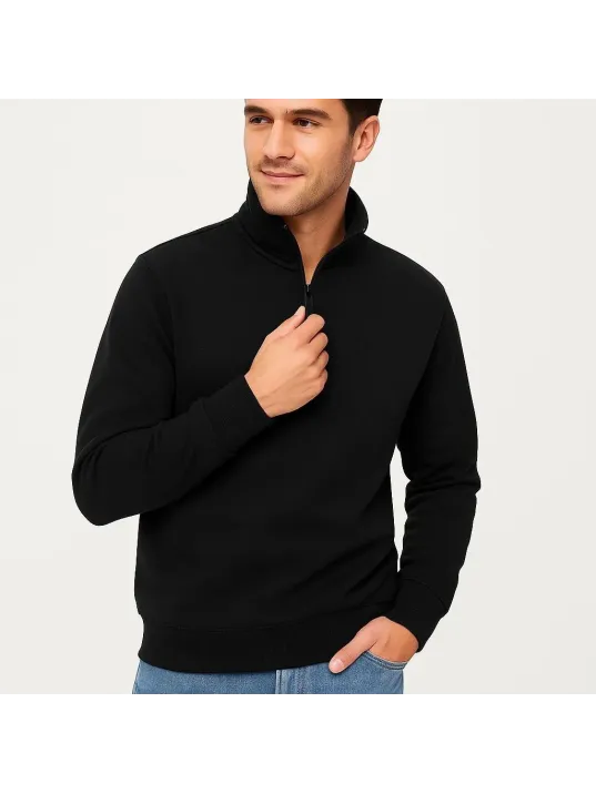 Erkek Dik Yaka Sweatshirt Dik Yaka Yarım Fermuarlı 3 İplik Şardonlu Pamuk Kumaş - Siyah Erkek Dik Yaka Sweatshirt Dik Yaka Yarım Fermuarlı 3 İplik Şardonlu Pamuk Kumaş - Siyah