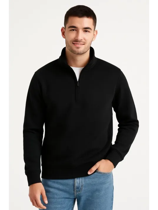 Erkek Dik Yaka Sweatshirt Dik Yaka Yarım Fermuarlı 3 İplik Şardonlu Pamuk Kumaş - Siyah Erkek Dik Yaka Sweatshirt Dik Yaka Yarım Fermuarlı 3 İplik Şardonlu Pamuk Kumaş - Siyah